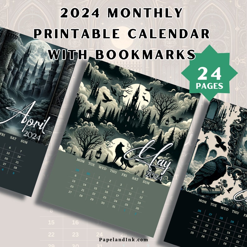 2024 Gothic Elegance Printable Calendar & Bookmark Set, US Letter and