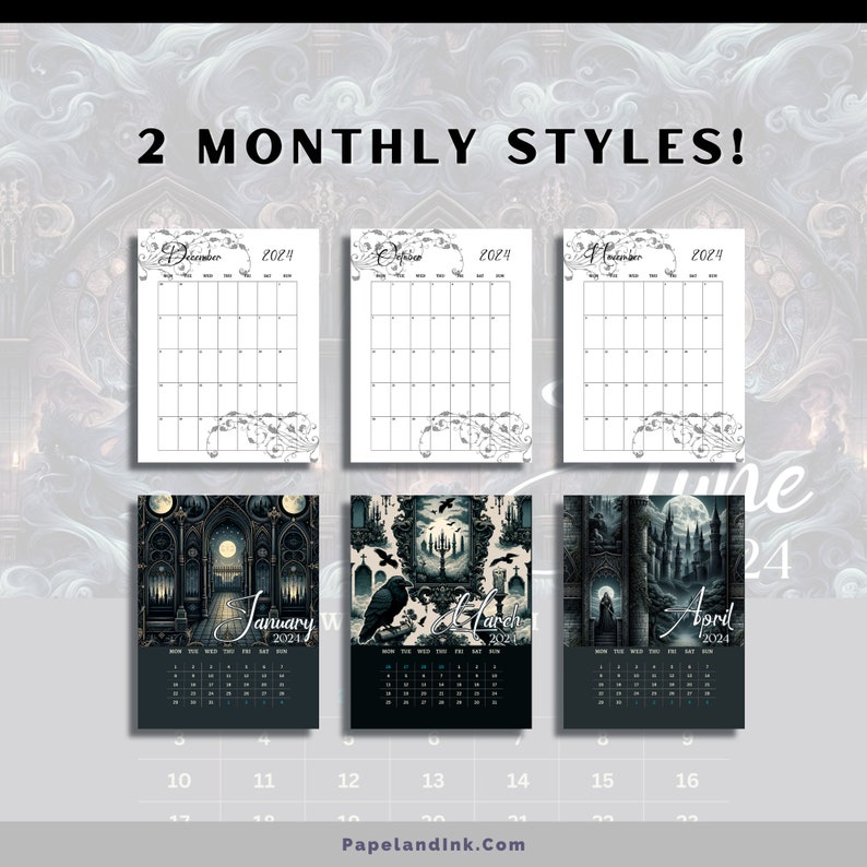2024 Gothic Elegance Printable Calendar & Bookmark Set, US Letter and