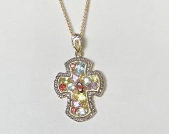 Multi-Gemstone Cross Pendant - Embellished Religious Necklace, Signed FAS