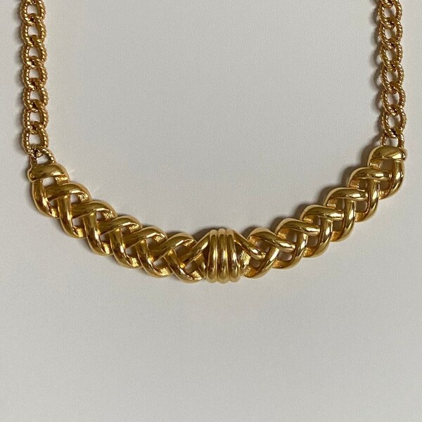 MONET Necklace, Braided Design on Textured Chain Links, Gold Tone