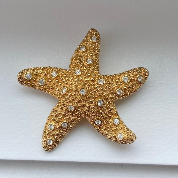 Swarovski Crystal Starfish Pin, Textured Gold Plated