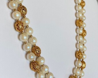 Pearl & Filigree Bead Choker Double Strand,  Prom Necklace