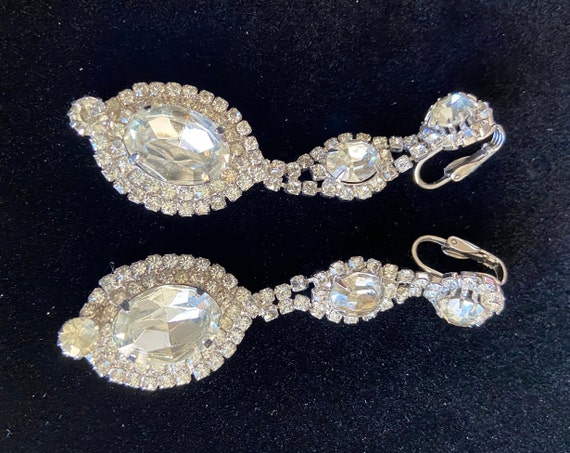 Long Dangle Rhinestone Earrings, Vintage Silver T… - image 9