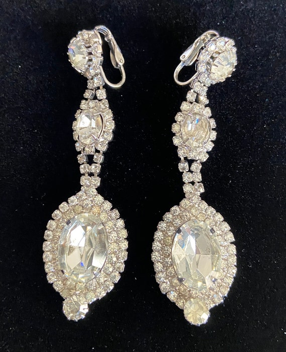 Long Dangle Rhinestone Earrings, Vintage Silver T… - image 4