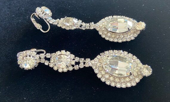 Long Dangle Rhinestone Earrings, Vintage Silver T… - image 1