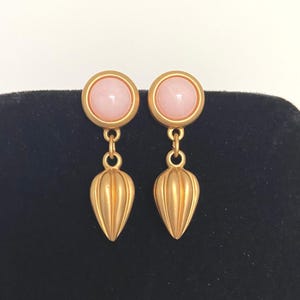 Pink Cabochon Matte Gold-Tone Dangle Pierced Post Earrings, Avon Vintage 1990’s, Art Deco Style Women/Girls Vintage Costume Jewelry, Signed