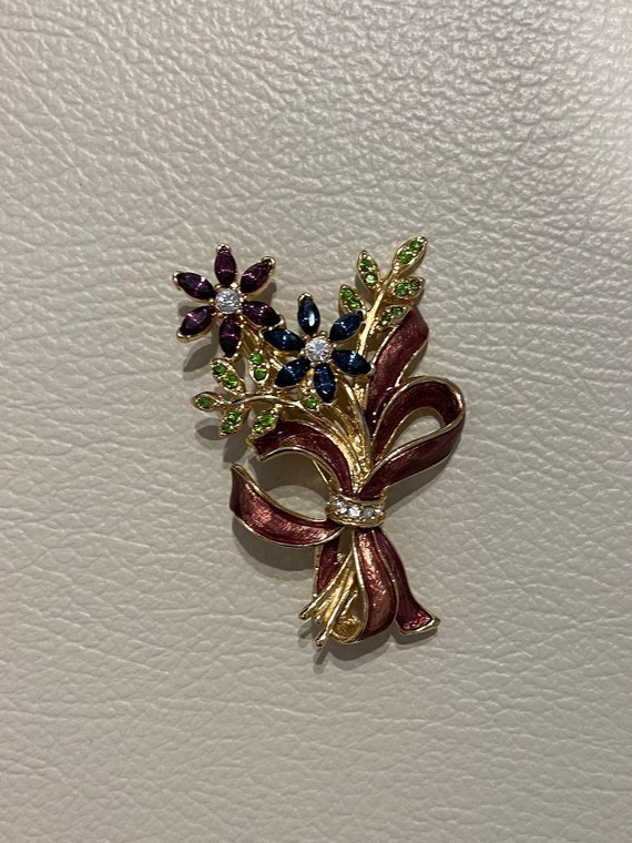 MONET Swarovski Crystals & Enamel Floral Pin/Broo… - image 9