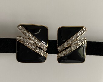 Trifari Enamel & Rhinestone 1980's Clip Earrings, Black Edgy