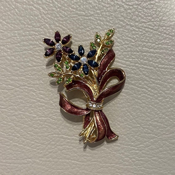 MONET Swarovski Crystals & Enamel Floral Pin/Broo… - image 2