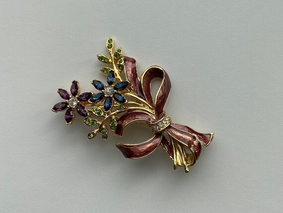 MONET Swarovski Crystals & Enamel Floral Pin/Broo… - image 4