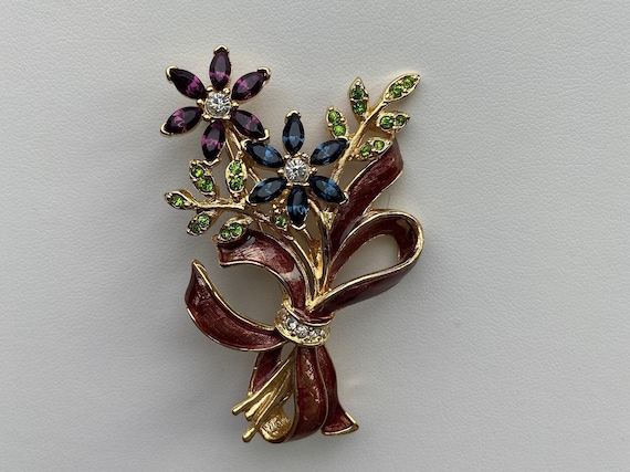 MONET Swarovski Crystals & Enamel Floral Pin/Broo… - image 1