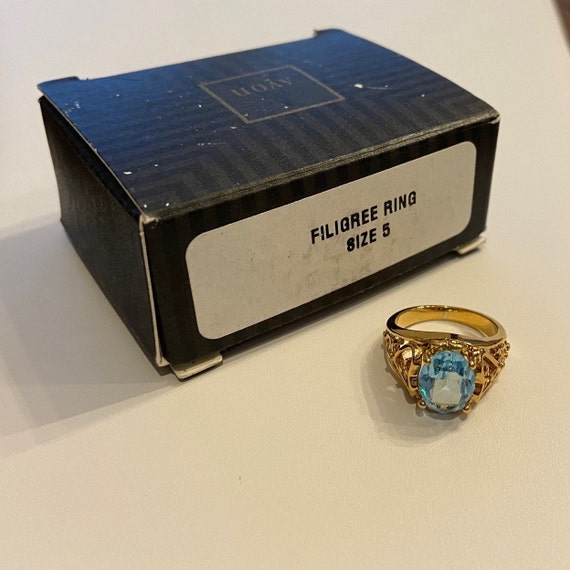 Blue Glass Filigree Ring, Avon Vintage, New Old S… - image 9