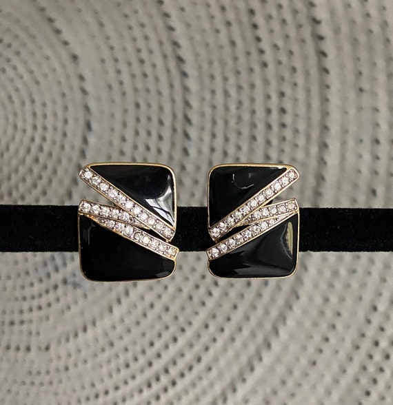 Trifari Black Enamel & Rhinestone Clip Earrings, M