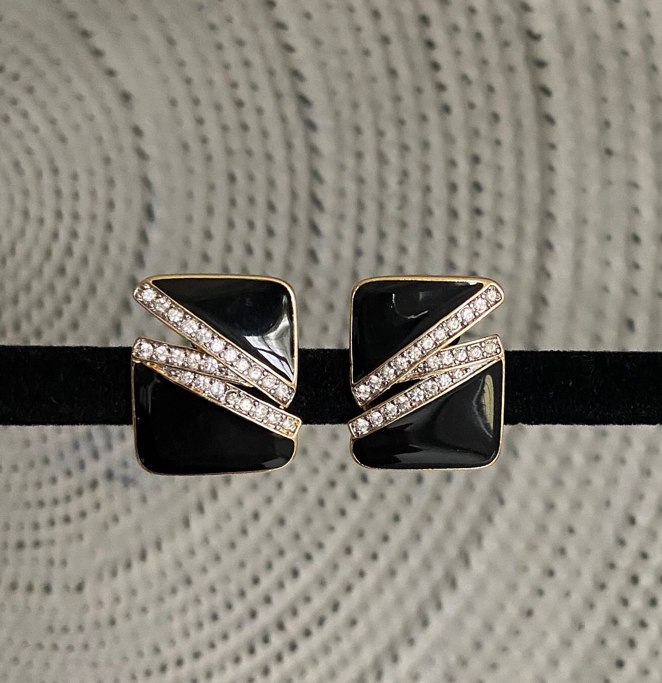 Trifari Enamel & Rhinestone 1980's Clip Earrings, Black Edgy