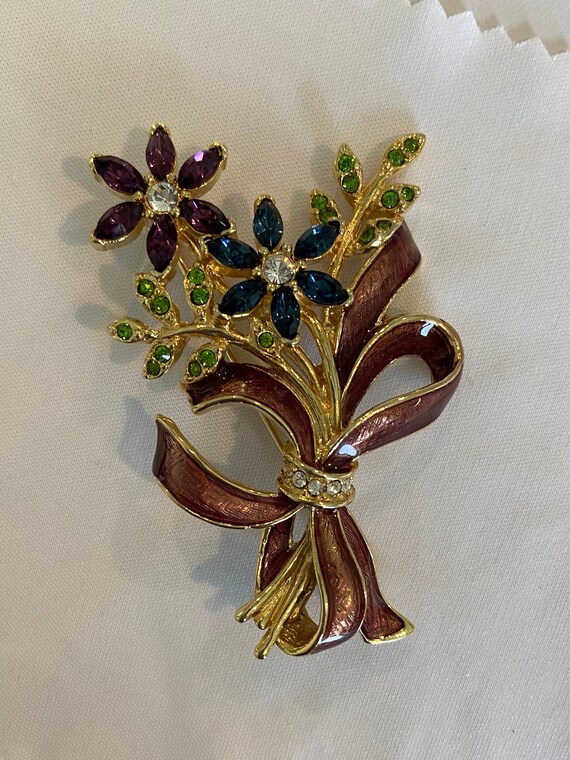 MONET Swarovski Crystals & Enamel Floral Pin/Broo… - image 7