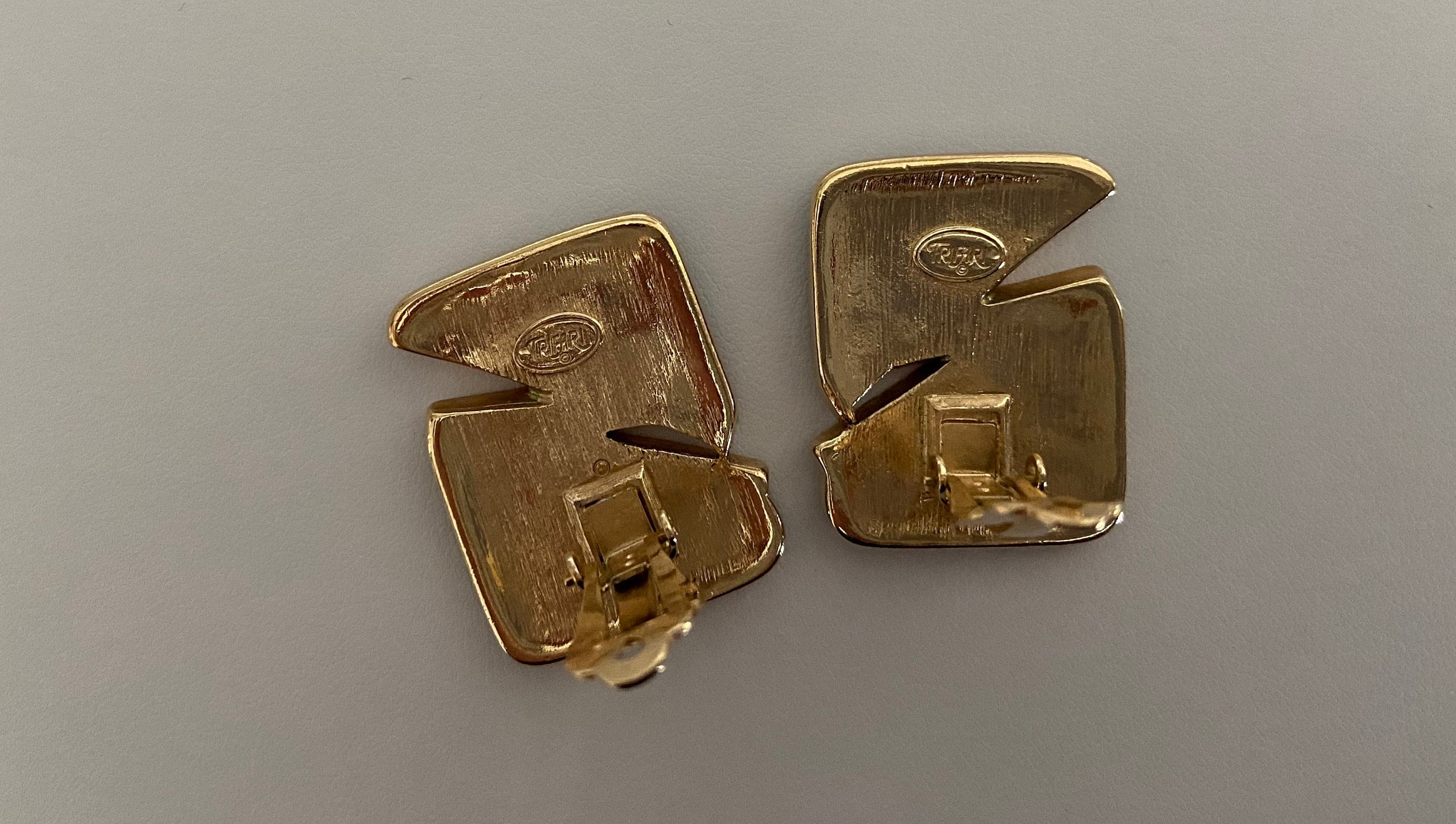 Trifari Enamel & Rhinestone 1980's Clip Earrings, Black Edgy