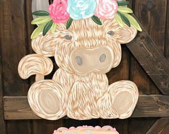 Floral Headband Highland Cow Baby Girl Door Hanger Nursery Gift