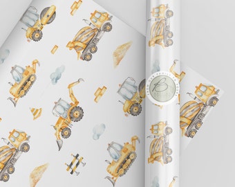 Children's Watercolour Construction Vehicles Wrapping Paper - Perfect for Birthday Parties - Tractors, Diggers, Trucks