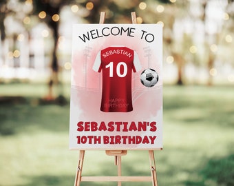 Enseigne personnalisée pour fête d'anniversaire de football sur le thème d'Arsenal - panneau de bienvenue avec nom personnalisé - enseigne numérique ou imprimée A1, A2, A3, A4