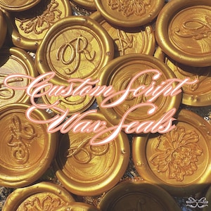 May include: A collection of gold-colored custom script wax seals. The seals feature various designs, including floral patterns and initials. The text "Custom Script Wax Seals" is overlaid in a pink script font.