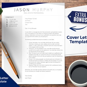 May include: A cover letter template with a blue and white color scheme. The template includes a contact section, a heading for a hiring manager, and a section with tips for writing a cover letter.