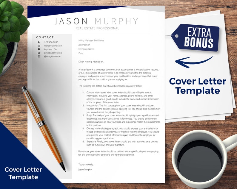 May include: A cover letter template with a blue and white color scheme. The template includes a contact section, a heading for a hiring manager, and a section with tips for writing a cover letter.