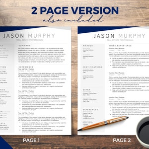 May include: A two-page resume template for a real estate professional. The template features a modern design with a blue and gray color scheme. The resume includes sections for contact information, summary, education, experience, expertise, skills, interests, awards, certifications, extra, and references. The text "2 PAGE VERSION also included" is at the top of the page.