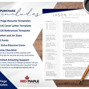 May include: A blue and white resume template with the text "Your Purchase Includes" and a list of items included in the purchase. The template is designed for real estate professionals and includes a cover letter, references, and fonts.