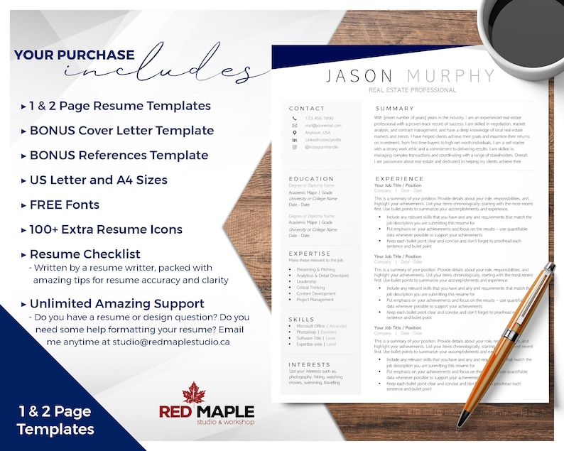 May include: A blue and white resume template with the text "Your Purchase Includes" and a list of items included in the purchase. The template is designed for real estate professionals and includes a cover letter, references, and fonts.