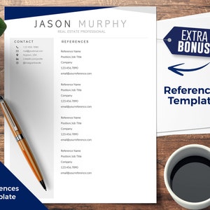 May include: A white resume template with blue accents. The text "JASON MURPHY" is at the top of the page, followed by "REAL ESTATE PROFESSIONAL". The resume includes a "CONTACT" section with a phone number, email address, and social media links. The resume also includes a "REFERENCES" section with a list of references, their job titles, companies, phone numbers, and email addresses. The resume is on a wooden table with a cup of coffee and a pen.