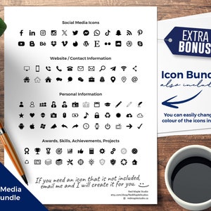 May include: A black and white image of a social media icon bundle. The icons are organized into categories: social media, website/contact information, personal information, and awards/skills/achievements/projects. The text "Icon Bundle also included" is in blue with a black arrow pointing to the left. The text "You can easily change the colour of the icons in Word." is in black. The text "EXTRA BONUS" is in white with a black outline. The text "Social Media Icon Bundle" is in black. The text "If you need an icon that is not included, email me and I will create it for you." is in black.