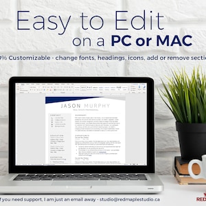 May include: A laptop computer displaying a resume template in a word processing program. The resume is for Jason Murphy, a real estate professional. The text on the screen reads "Easy to Edit on a PC or MAC. 100% Customizable - change fonts, headings, icons, add or remove sections."