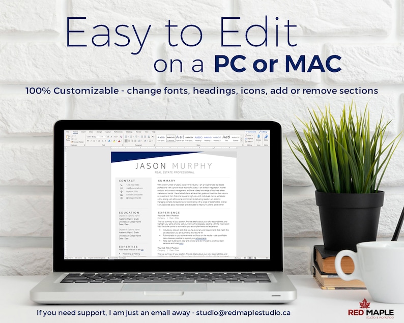 May include: A laptop computer displaying a resume template in a word processing program. The resume is for Jason Murphy, a real estate professional. The text on the screen reads "Easy to Edit on a PC or MAC. 100% Customizable - change fonts, headings, icons, add or remove sections."
