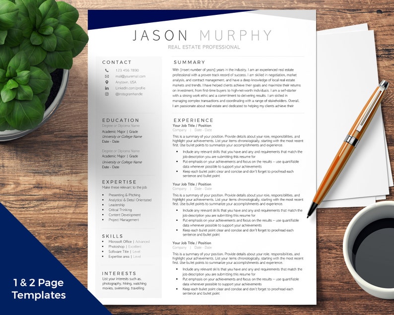 May include: A resume template with a blue and gray color scheme. The template includes sections for contact information, education, experience, expertise, skills, and interests. The text "1 & 2 Page Templates" is at the bottom of the page.