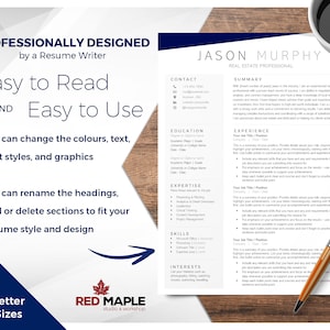 May include: A blue and white resume template with the text "Professionally Designed by a Resume Writer" and "Easy to Read and Easy to Use". The template is designed to be easily customized with different colors, fonts, and graphics. The template also includes sections for contact information, education, experience, expertise, skills, interests, and a summary.