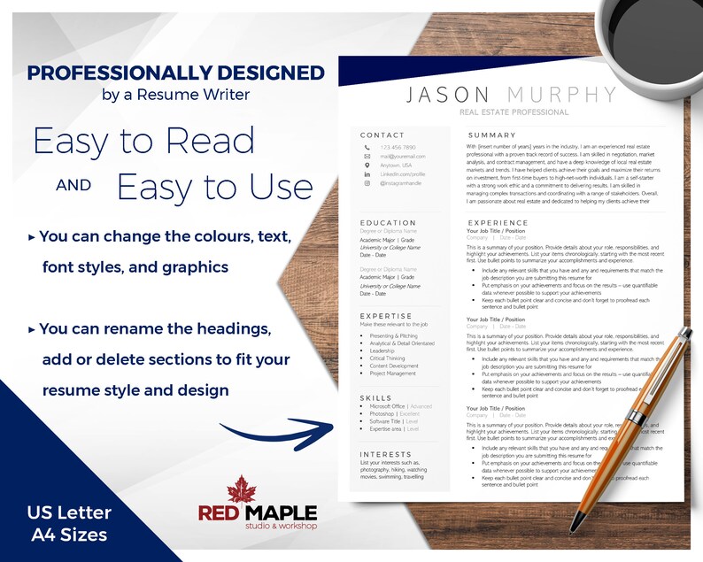 May include: A blue and white resume template with the text "Professionally Designed by a Resume Writer" and "Easy to Read and Easy to Use". The template is designed to be easily customized with different colors, fonts, and graphics. The template also includes sections for contact information, education, experience, expertise, skills, interests, and a summary.