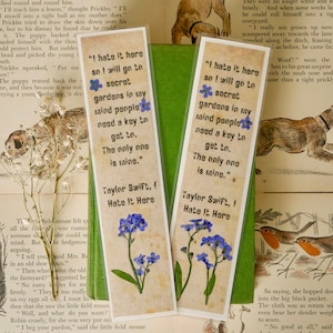 TS Lyrics Inspired Handmade Pressed Flower Bookmark, Swftie Gift, Reader Gift, I Hate It Here Bookmark, Pressed Forget-Me-Nots