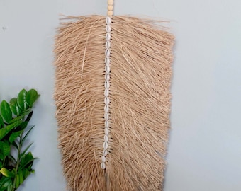 Colgante de pared con flecos de rafia hechos a mano, decoración bohemia de concha de cauri