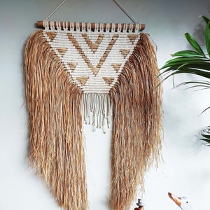 Colgante de pared tribal sobre cabecero de macramé con rafia natural, colgante de pared natural para dormitorio