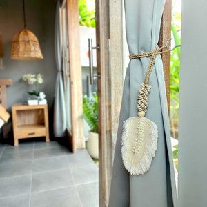 Pair of Boho Macrame Tieback Curtain with Cowrie Shells, Window Treatment