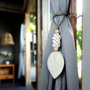 Macrame tieback curtains with shells and seagrass rope, Drapery tiebacks for nursery decor, Curtain accessories for window treatment