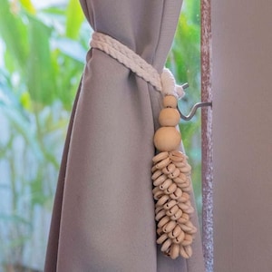 Pair of Boho tieback curtains Cowrie shells, cute window treatment for bedroom, First apartment gift for couple