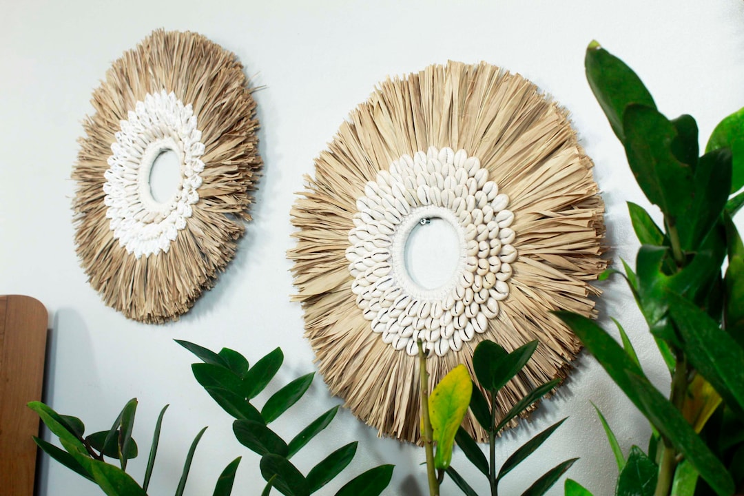 Mini Juju Wall Decor Brown Cowrie Shells Natural Raffia Wall Etsy