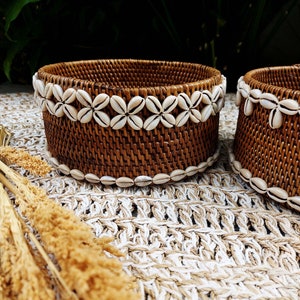 Wicker rattan basket with cowrie shells, Brown rattan basket, Bali beaded decorative box, Essential bathroom storage 2
