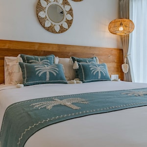 Boho Palm Tree Embroidered Bedding Set, Turquoise Beige Cotton Bed Runner and Cushions
