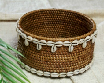 Wicker rattan basket with cowrie shells, Brown rattan basket, Bali beaded decorative box, Essential bathroom storage