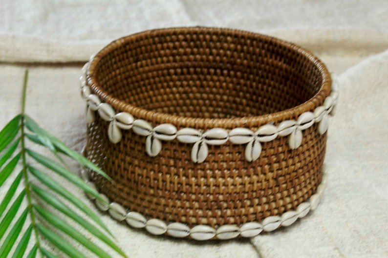 Wicker rattan basket with cowrie shells, Brown rattan basket, Bali beaded decorative box, Essential bathroom storage 1