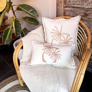 Talia-Embroidered Palm tree cushion, Palm tree pillow, Tropical unique pillow, House warming gift, Bay window decor, Lounge cushions