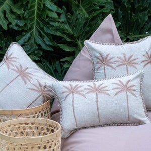 Cozy and Stylish Handcrafted Brown Pillow Cover with Embroidered Palm Tree Embellishments, Tropical vibes