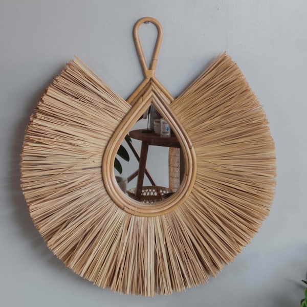 Miroir Boho, Raphia naturel, décoration murale en jonc de mer, miroir de décoration côtière, art mural de canapé, cadeaux pour couples, cadeau de crémaillère